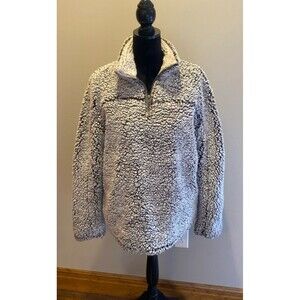 Thread & Supply Fuzzy Teddy Bear Jacket Size Medium Lined Pockets 1/4 Zip Gray
